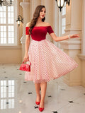 Get ready for a festive occasion with the Vintage Elegance: Off-Shoulder Flocked Mesh A-Line Dress. The unique dot pattern and off-shoulder design exude elegance with a touch of vintage charm. Perfect for making a statement and turning heads, this dress is a must-have for any fashion-forward individual.