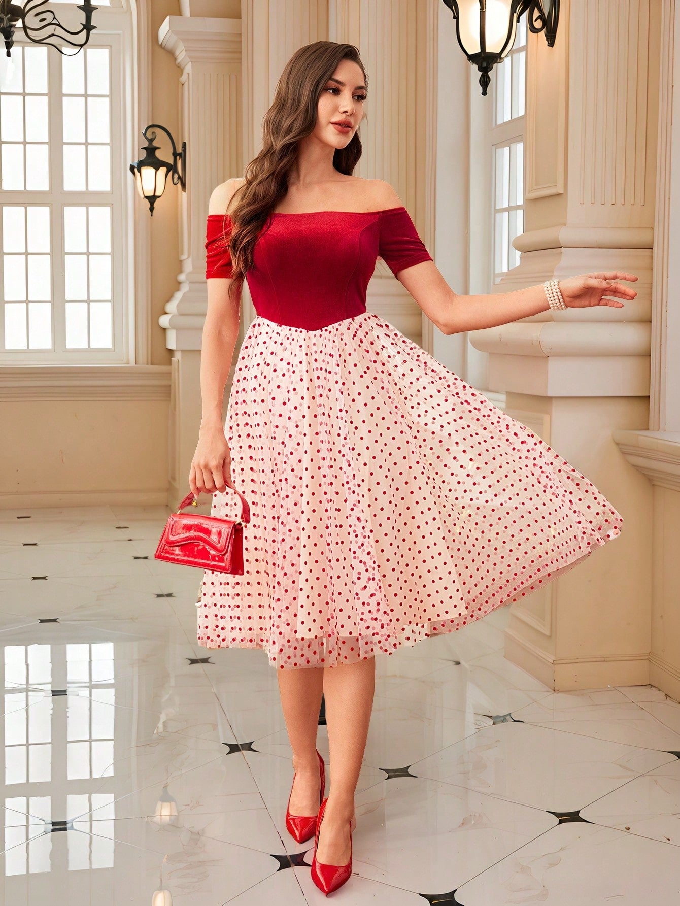 Get ready for a festive occasion with the Vintage Elegance: Off-Shoulder Flocked Mesh A-Line Dress. The unique dot pattern and off-shoulder design exude elegance with a touch of vintage charm. Perfect for making a statement and turning heads, this dress is a must-have for any fashion-forward individual.