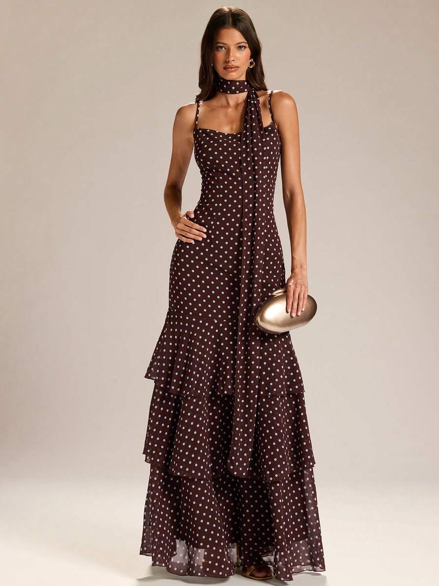 Brown chiffon maxi dress view 1