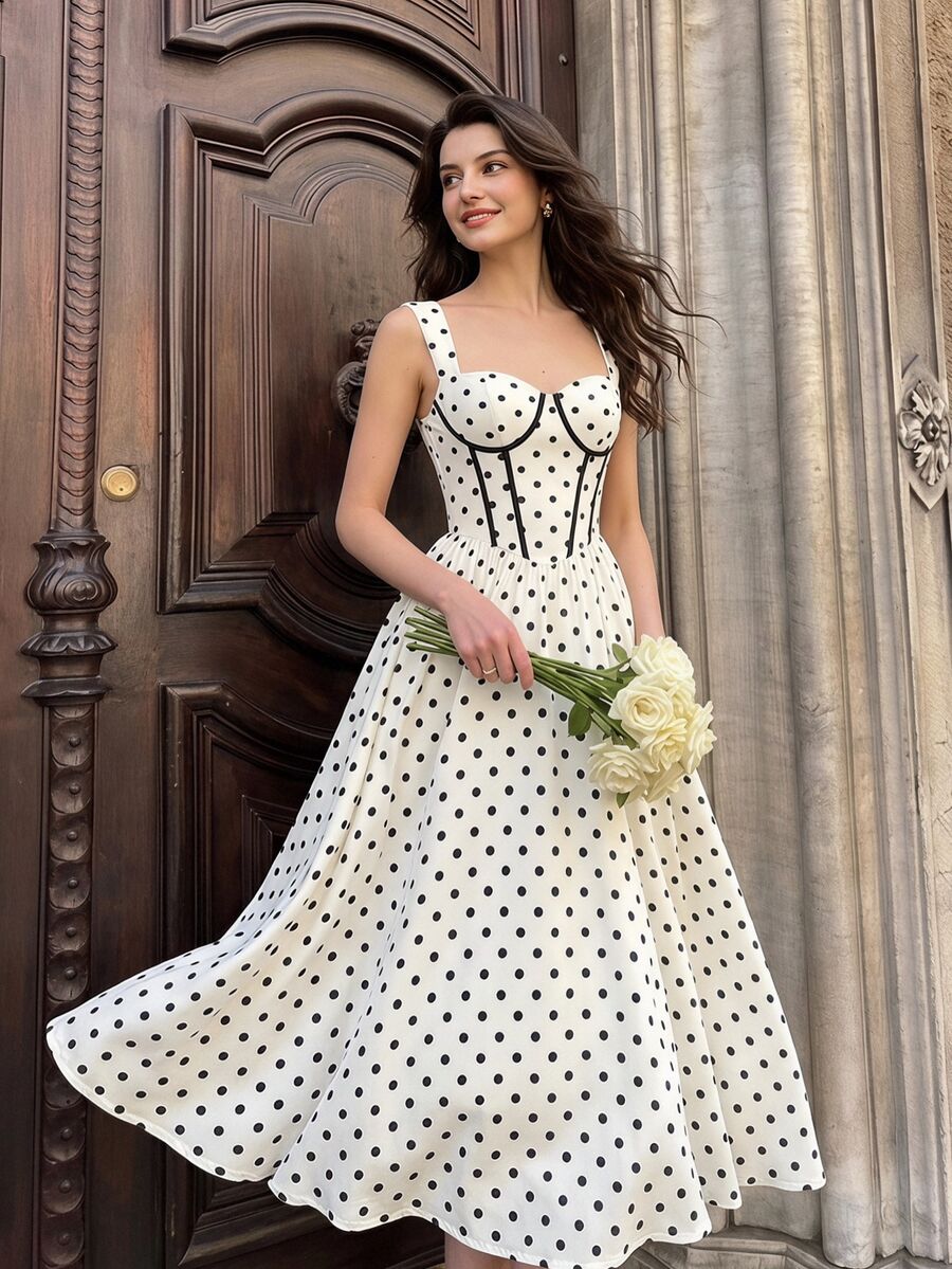 Front view of ivory black polka dot corset midi dress with sweetheart neckline and flared skirt