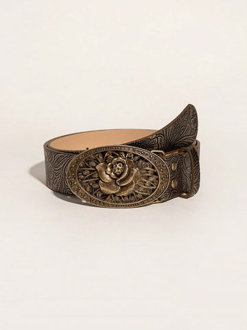 This vintage embossed western cowgirl belt features an elegant rose buckle. Made with high-quality materials, this belt adds a touch of sophistication to any outfit. The embossed design creates a unique and stylish look, while the rose buckle adds a feminine touch. Upgrade your wardrobe with this beautiful and timeless accessory.