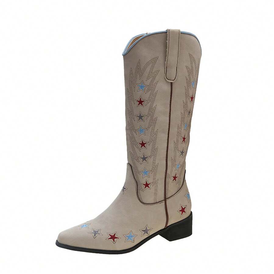 Front view of Vintage Embroidered Western Cowboy Boots for Women – Stylish Chunky Heel Knee-High Footwear for Fall & Winter 2026 for punk motorcycle boot styling