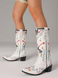 Side view of Vintage Embroidered Women’s Western Boots - Retro Cowgirl Block Heel Mid-Calf Shoes for Stylish Weddings and Riding for punk motorcycle boot styling