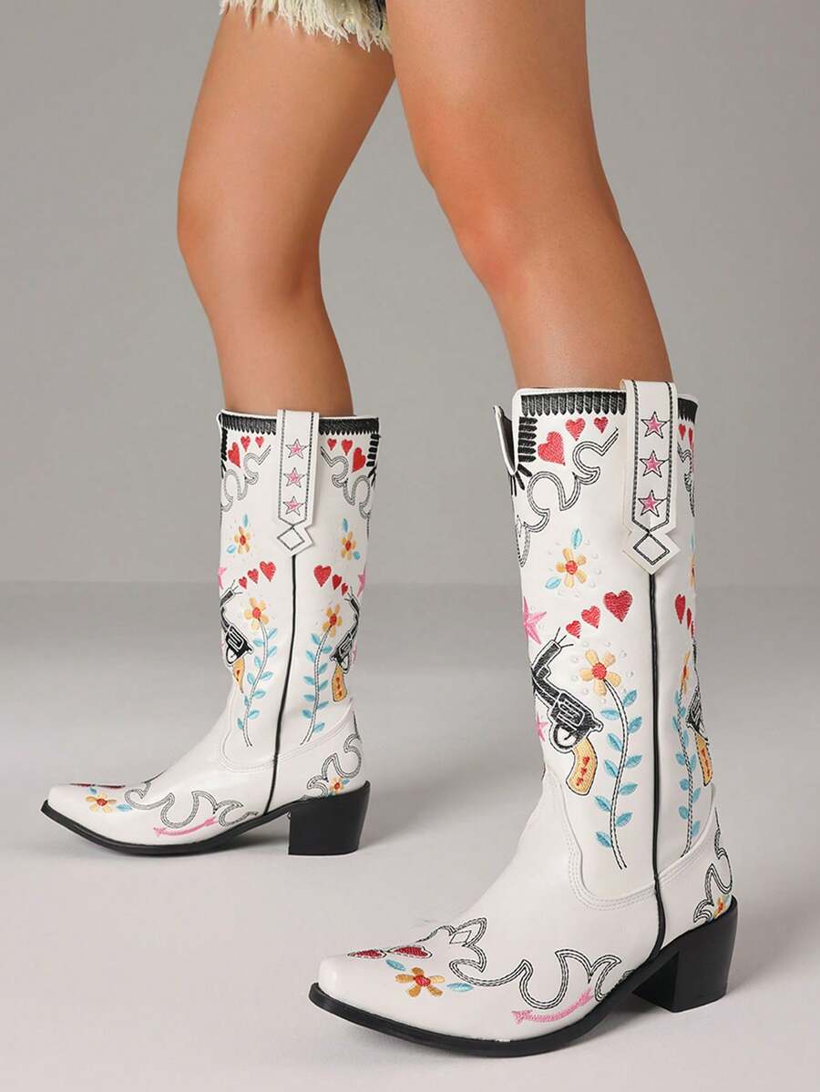 Side view of Vintage Embroidered Women’s Western Boots - Retro Cowgirl Block Heel Mid-Calf Shoes for Stylish Weddings and Riding for punk motorcycle boot styling