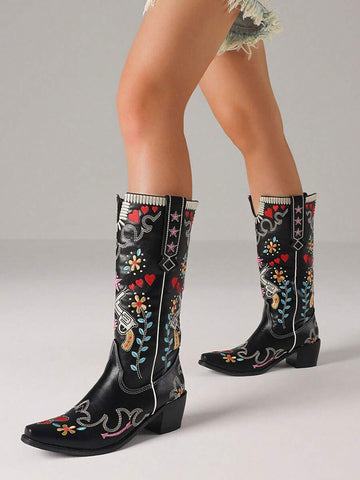Front view of Vintage Embroidered Women’s Western Boots - Retro Cowgirl Block Heel Mid-Calf Shoes for Stylish Weddings and Riding for punk motorcycle boot styling
