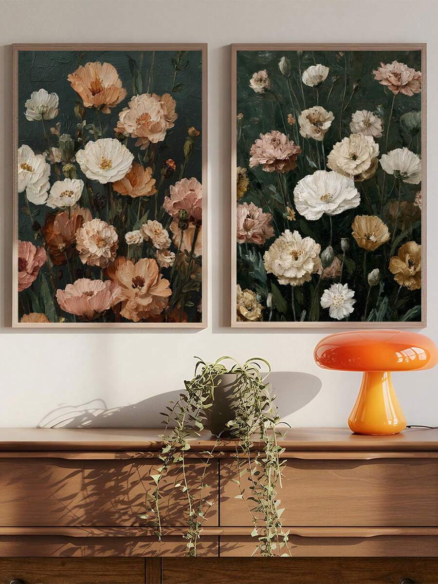 Pair of vertical vintage floral canvas wall art panels with painterly flowers on deep green backgrounds