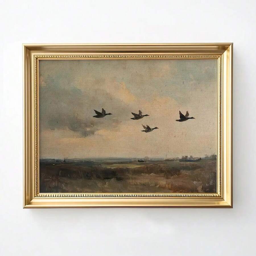 Product view of vintage flying ducks landscape wall art with ornate gold frame