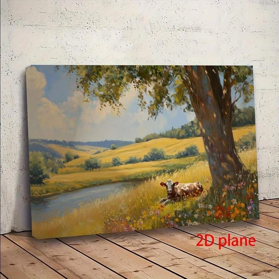 Framed canvas print displayed on wood wall and floor