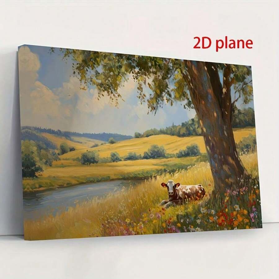 Pastoral cow canvas art with rustic countryside landscape