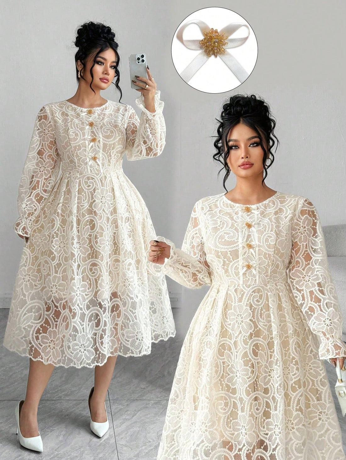 Embrace timeless elegance with this stunning vintage French lace plus-size dress, your go-to piece for fall and winter celebrations. Crafted with delicate lace detailing and a flattering silhouette, it transitions effortlessly from holiday gatherings to special school events. The rich seasonal colors and sophisticated design make you feel confident and beautiful, whether you're dressing up for a festive occasion or adding a touch of vintage charm to your everyday wardrobe. A versatile essential that celebra