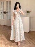 Front view of cream floral striped V neck lace trim midi dress showing visible color, trim, and silhouette