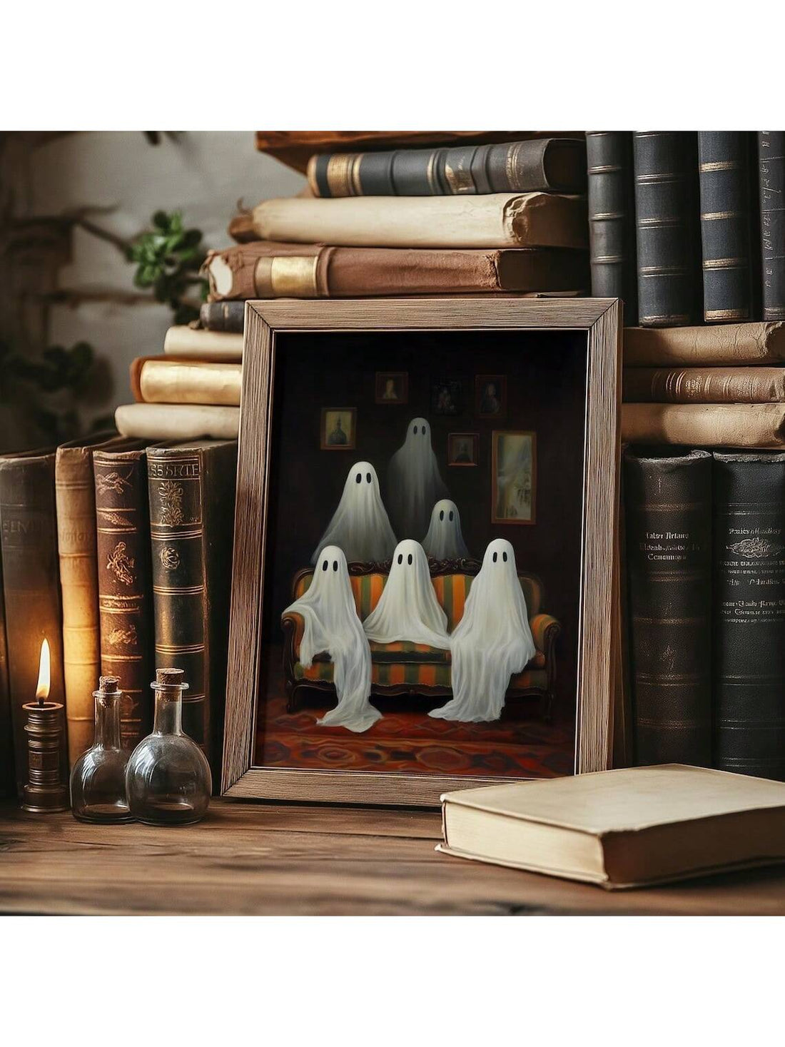 Add a touch of spooky charm to your home with this Vintage Ghost Family Oil Painting. Perfect for Halloween, this unique wall art print brings playful ghostly characters to life, creating a fun and eerie atmosphere. Ideal for anyone looking to celebrate the season with a quirky, vintage-inspired decoration that sparks conversation and delight.