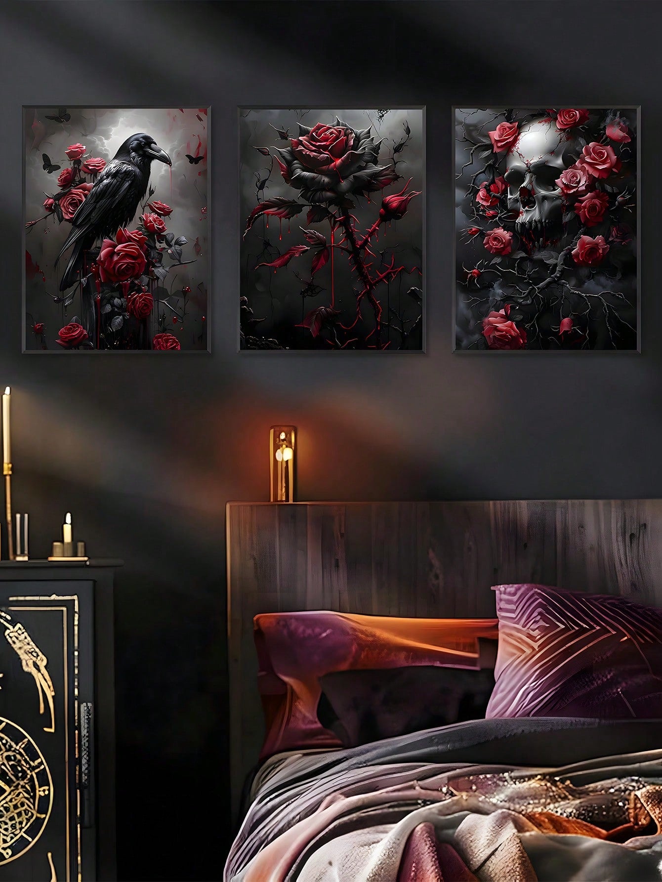 Bring a touch of mysterious charm to your space with this Vintage Gothic set featuring a crow, rose, and skull oil painting. Perfect for sparking conversations, these pieces add a playful yet dark vibe to your home, bedroom, or Halloween setup. Embrace the eerie elegance and watch your walls come alive with haunting beauty and unique style.