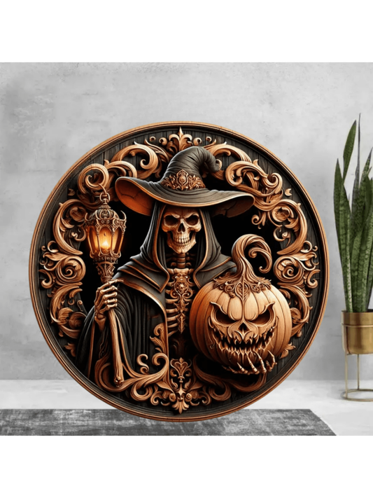 This Vintage Halloween Skeleton & Pumpkin Metal Wall Sign adds a touch of spookiness to any space. Perfect for home, garage, cafe, or bar, its retro design is sure to delight. Made with durable metal, it's a long-lasting decor piece. Bring some vintage charm to your Halloween decorations with this unique wall sign.