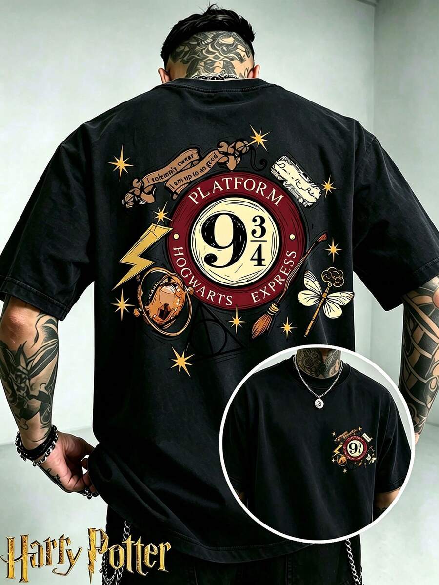 Back view of black oversized Platform 9¾ graphic T-shirt with Hogwarts Express print for fandom style