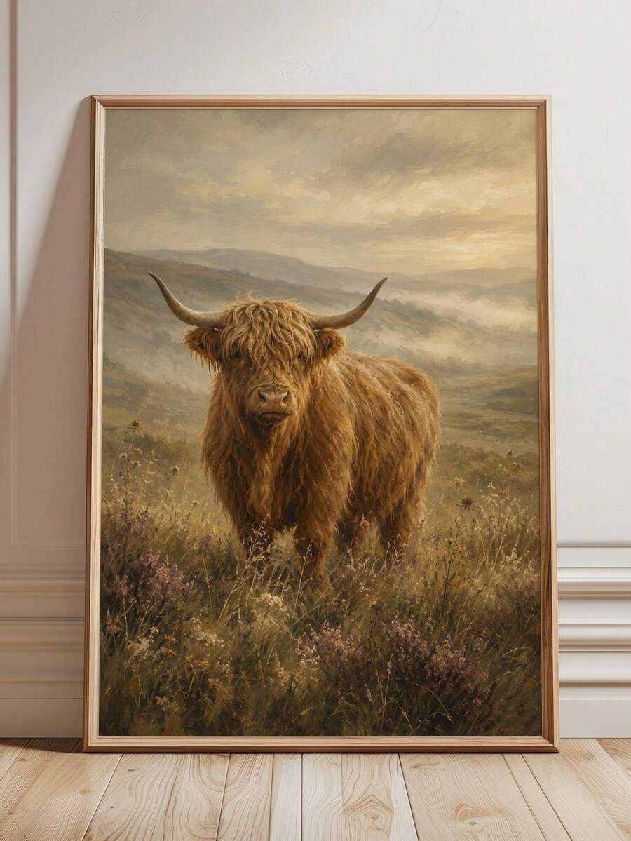 Highland cow wall art with shaggy brown fur and long horns