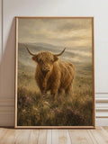 Highland cow wall art with shaggy brown fur and long horns