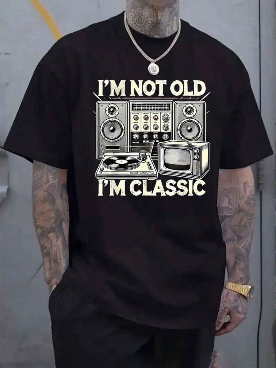 Celebrate timeless style with this vintage-inspired "I'm Not Old, I'm Classic" graphic tee for men. Featuring a playful stereo equipment print, this retro casual shirt adds a fun, nostalgic vibe to your everyday look. Perfect for those who appreciate classic cool with a wink.