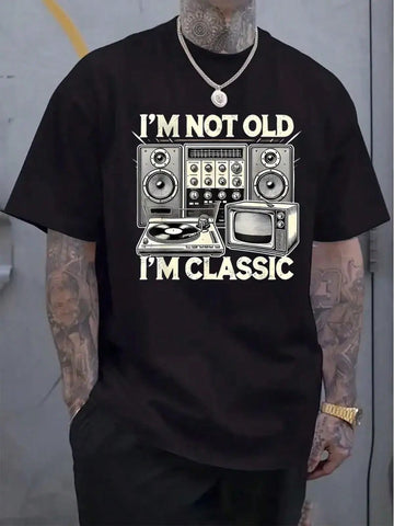 Celebrate timeless style with this vintage-inspired "I'm Not Old, I'm Classic" graphic tee for men. Featuring a playful stereo equipment print, this retro casual shirt adds a fun, nostalgic vibe to your everyday look. Perfect for those who appreciate classic cool with a wink.