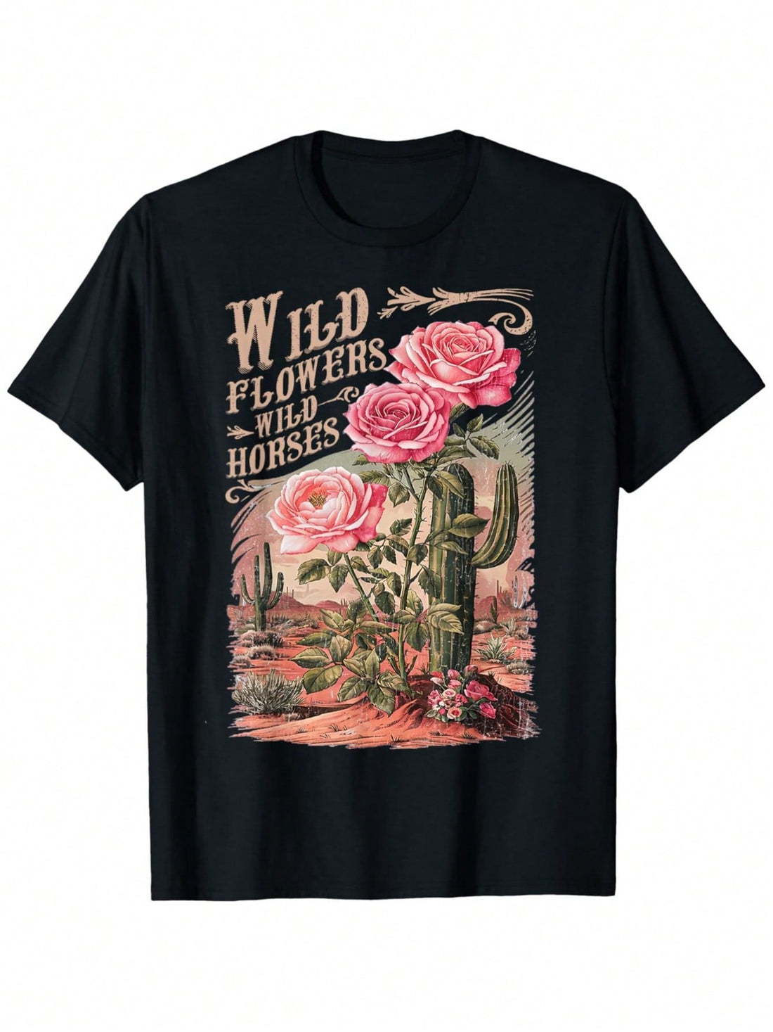 Embrace the spirit of the wild with this vintage-inspired men's cotton T-shirt featuring a charming black desert sunset graphic adorned with wild flowers and horses. Perfect for daily adventures or travel escapades, it combines comfort and style effortlessly. Let your outfit tell a story wherever you go!
