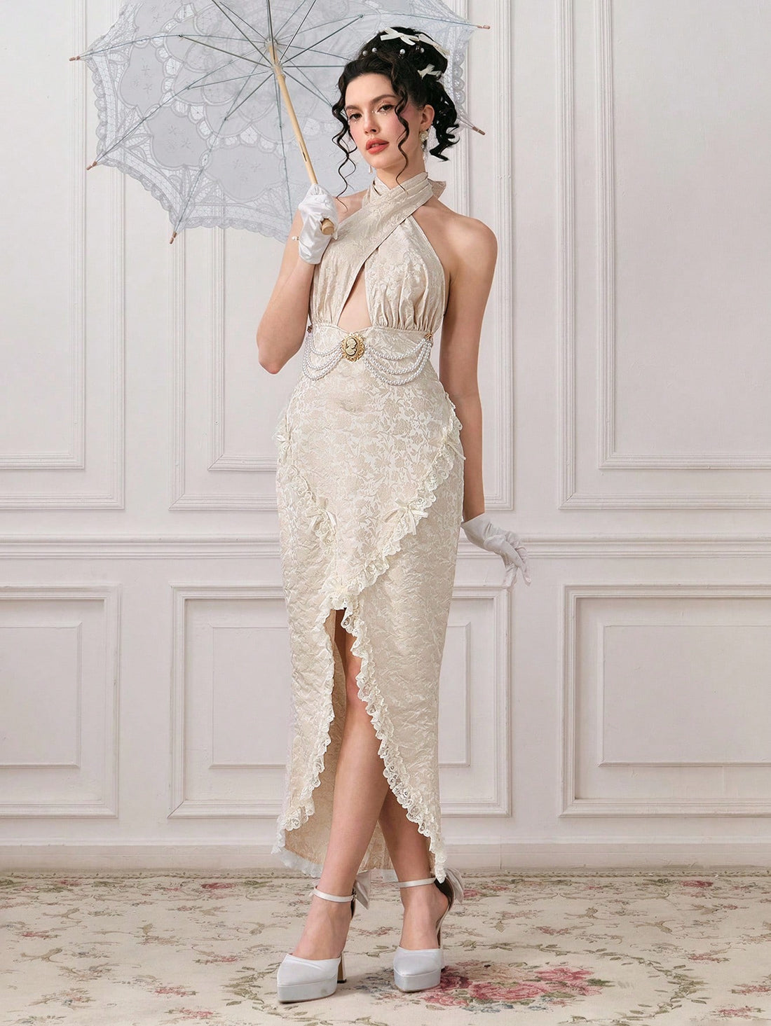 Step into an enchanted realm with this mesmerizing mermaid maxi dress, where vintage jacquard patterns dance across luxurious fabric adorned with shimmering pearl embellishments. The flowing silhouette captures palace-inspired elegance, perfect for gala nights, formal celebrations, or anyone craving a touch of fairy-tale glamour. Intricate detailing and regal draping transform you into the star of any sophisticated soirée. A showstopping choice for those who dare to dazzle.