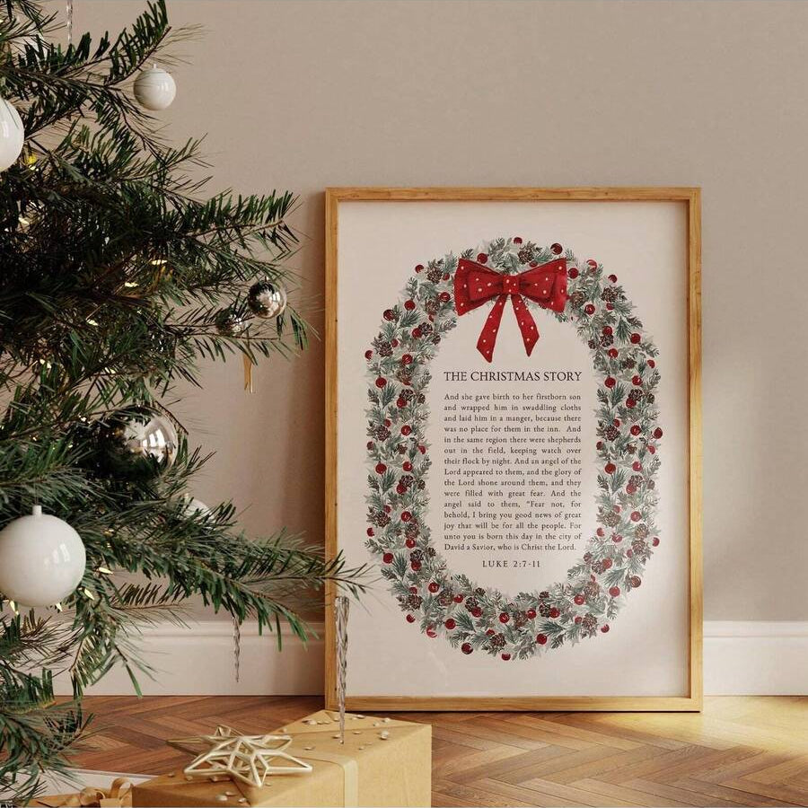 Vintage Jesus birth canvas art with Christmas wreath and scripture