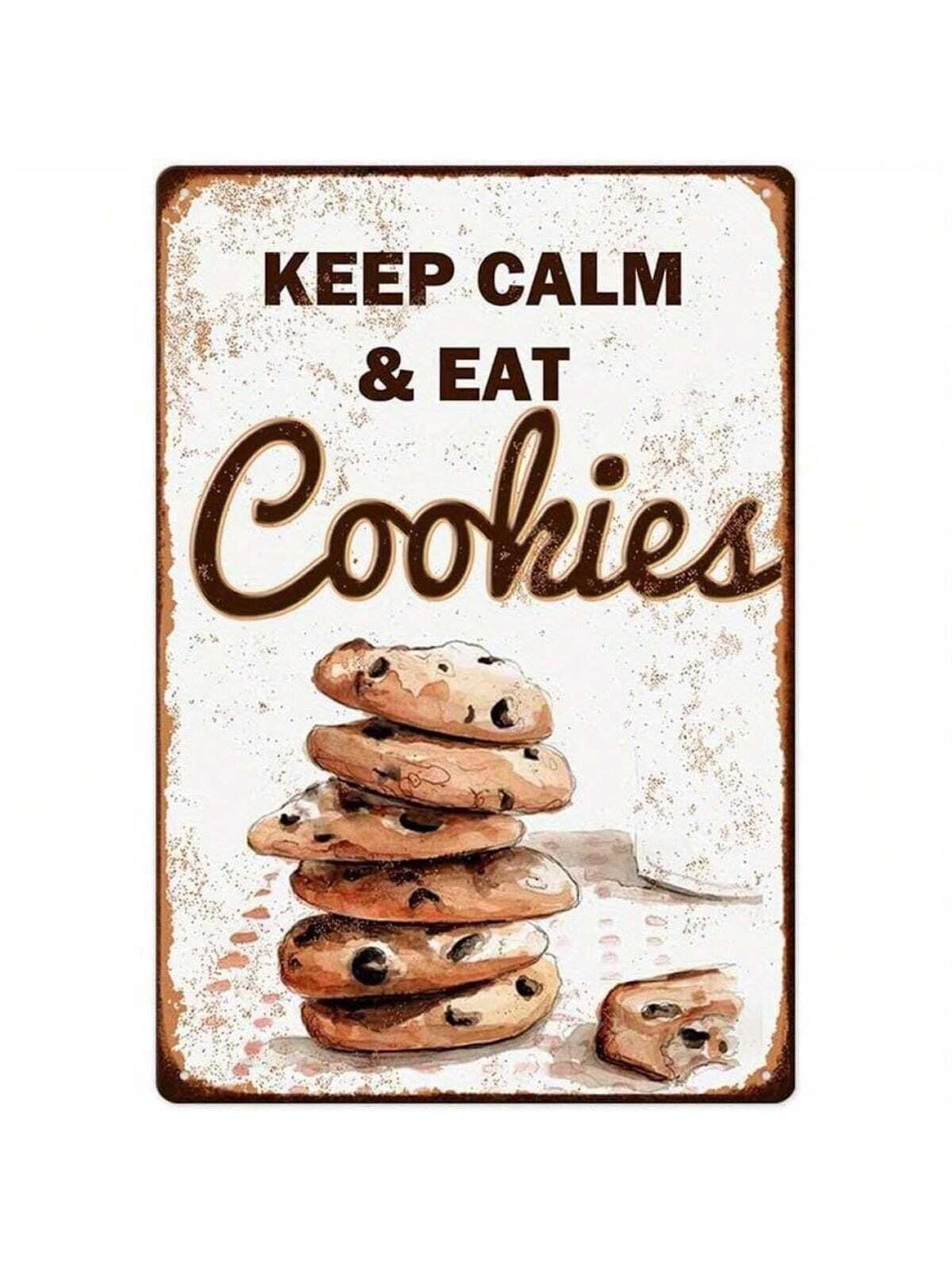 Revive your space with this Vintage 'Keep Calm & Eat Cookies' Metal Tin Sign! Showcasing your love for sweets, this sign is perfect for home, kitchen, bakery, and coffee shops. Hang it up for a charming touch and witty reminder to indulge (in moderation, of course!).