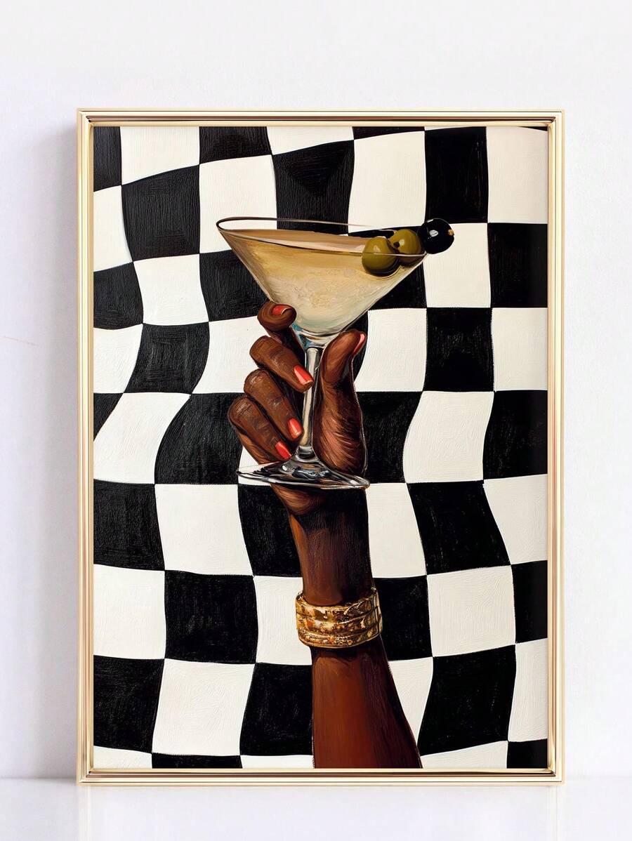 Martini cocktail wall art in slim cream gold frame