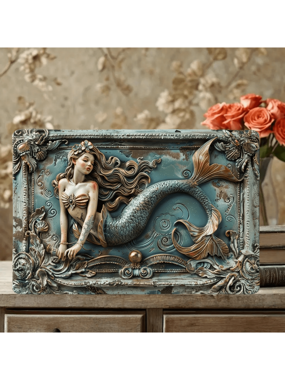 Introduce a touch of mythical beauty to your living space with our Vintage Mermaid Metal Plaque. This stunning wall art is perfect for home, farmhouse, and porch decoration, adding a unique and antique charm. Crafted with high-quality metal, it is durable and will add character to any room.