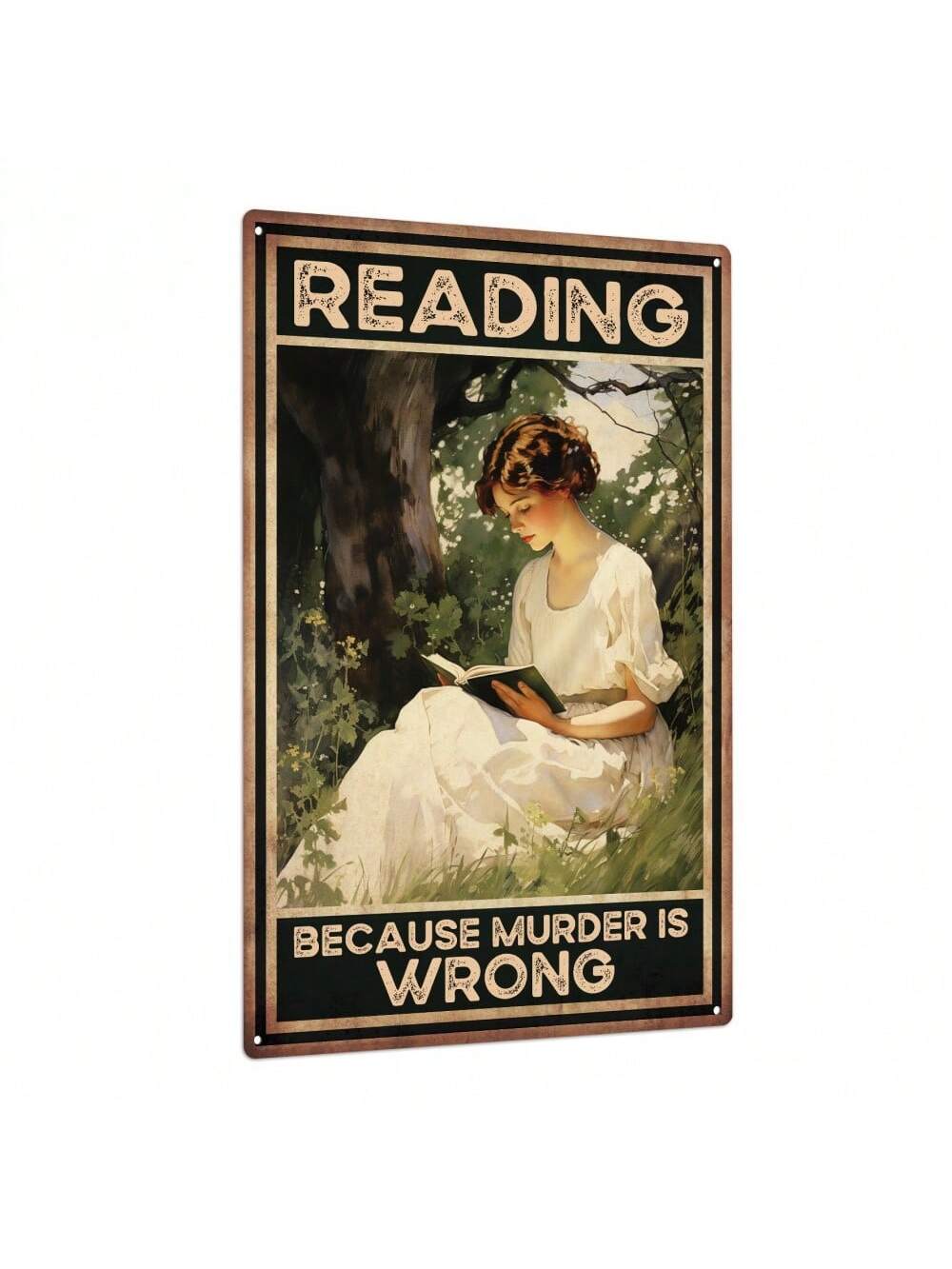 Indulge your love for books with this vintage metal tin sign, featuring the playful phrase 'Reading Because It's Wrong'. Add a touch of whimsy to any room and proudly display your bookworm status. Perfect for book lovers seeking unique wall art.