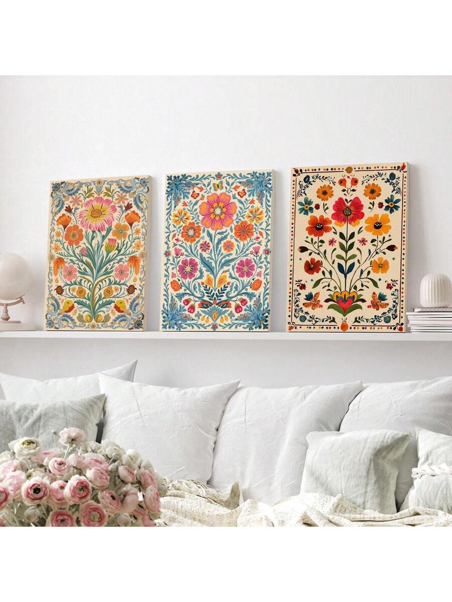 Add a splash of charm and color to your space with this set of 3 vintage Mexican floral canvas prints. Inspired by Scandinavian simplicity, these playful artworks blend vibrant blooms with clean lines, perfect for brightening up any room with a cheerful, artistic vibe. Easy to hang and sure to spark joy, they bring a fresh, floral twist to your home decor.