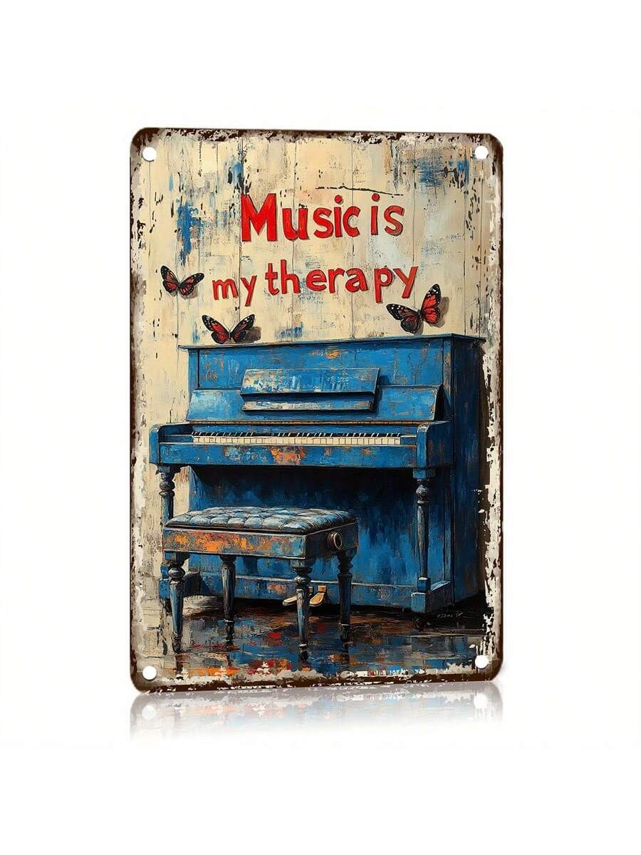 Unleash your inner musician with this Vintage Music Is My Therapy metal tin sign! Featuring a unique piano-themed design, this stylish wall decor adds a touch of flair to any space. Let your love for music shine through in a quirky and fun way! (No musical talent required)