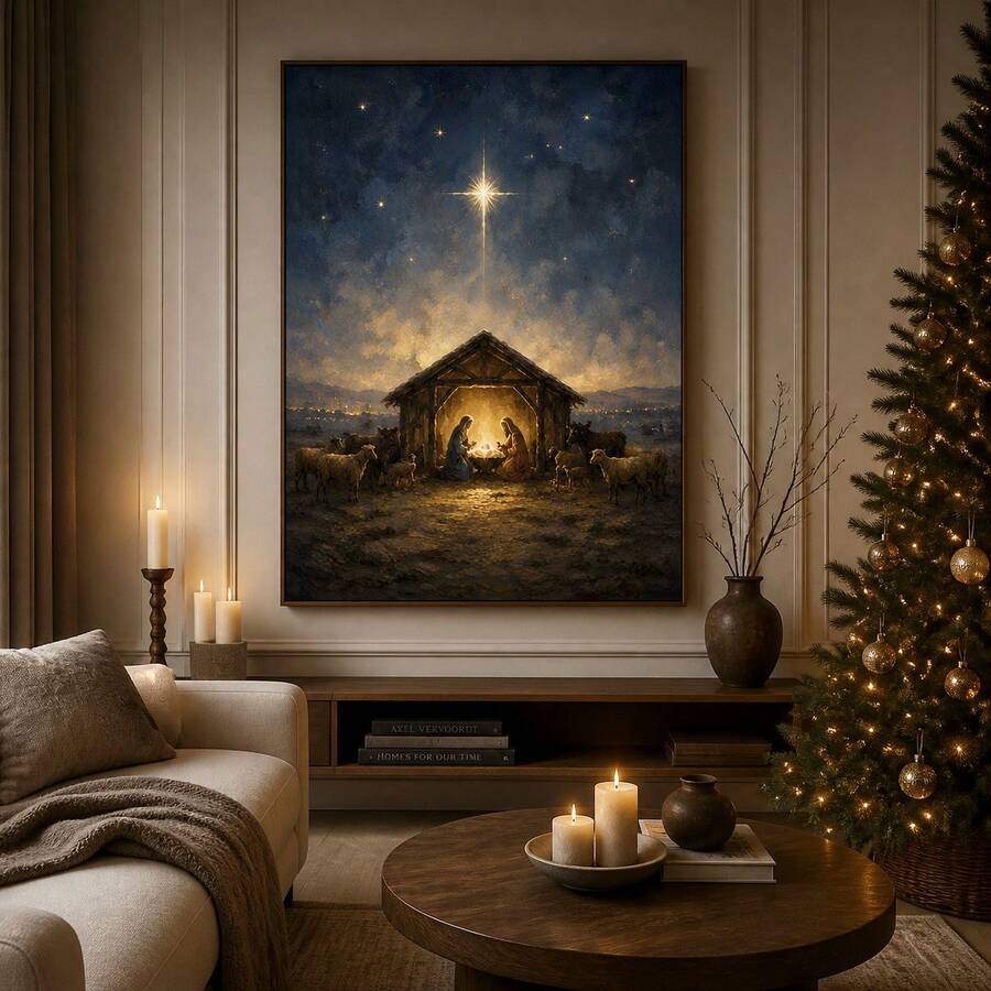 Vintage Nativity Wall Art, Star of Bethlehem Christian Christmas Canvas Print 