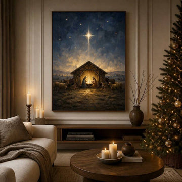Vintage Nativity Wall Art, Star of Bethlehem Christian Christmas Canvas Print 