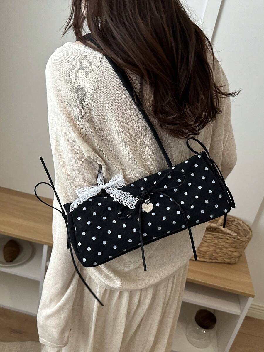 Image 1 - front view of Vintage Oversized Tote Bag for Women - Stylish Burgundy Underarm Bag with Polka Dot Strap and Large Capacity for Daily Use, Office, and Travel