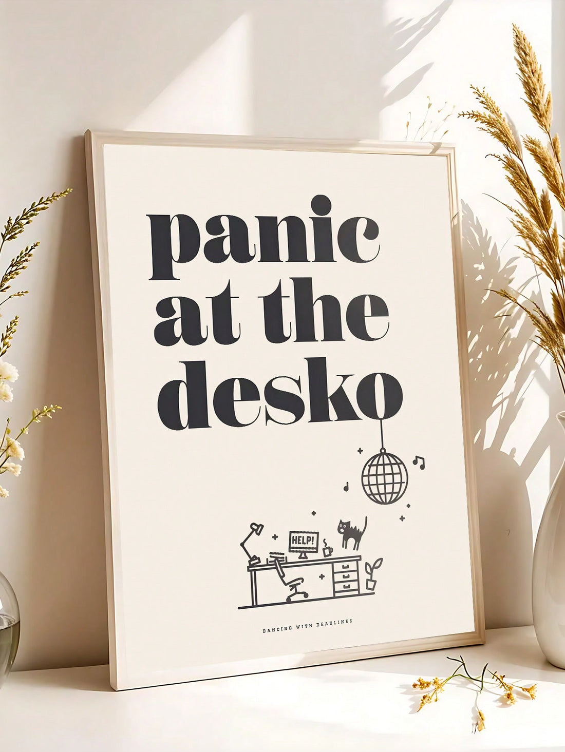 Bring some witty humor to your workspace with this vintage-inspired office wall art. Perfect for cubicles, home offices, or creative studios, this playful poster combines retro aesthetics with modern comedy. The clever "Panic at the Desko" design is sure to spark conversations and smiles among coworkers and visitors alike. Whether you're looking to personalize your professional space or add a touch of personality to your desk area, this unique piece delivers both style and laughs. A must-have for anyone who