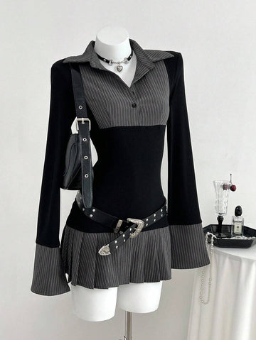 Front view of black rib-knit faux two-piece mini dress with pinstripe collar and flared hem
