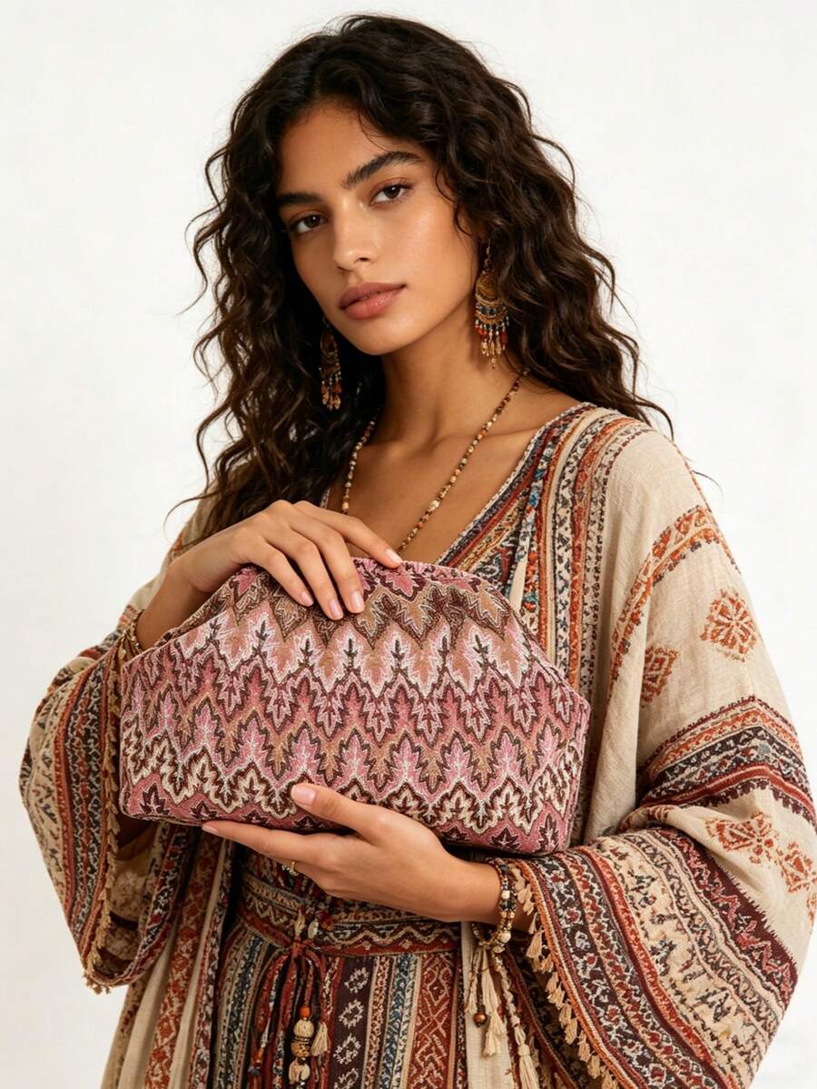 Model holding pink bohemian printed pleated clutch with cream embroidered style leaf pattern