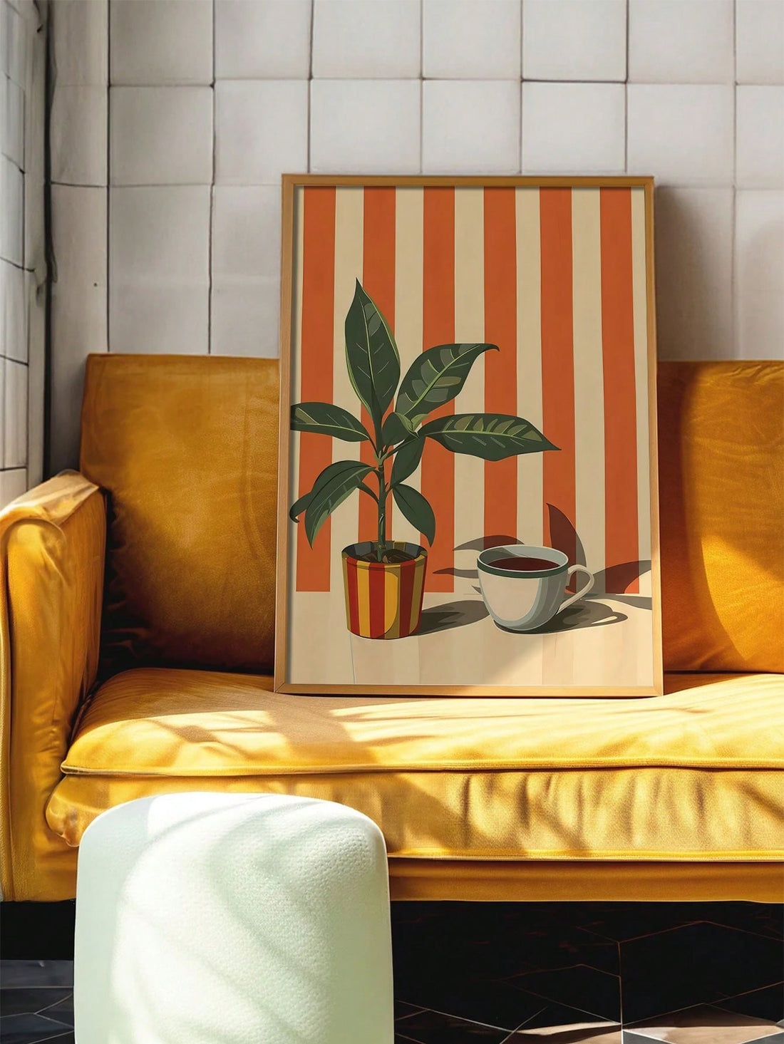 Brew up some style with this charming midcentury wall art that celebrates two of life's greatest pleasures: coffee and plants. Featuring warm, inviting stripes and a minimalist aesthetic, this vintage-inspired print brings cozy nostalgia to any room. Perfect for coffee lovers, plant parents, and anyone who appreciates retro design, it's an instant conversation starter that works beautifully in kitchens, offices, living rooms, or creative spaces. Transform your walls into a gallery of good vibes and timeless