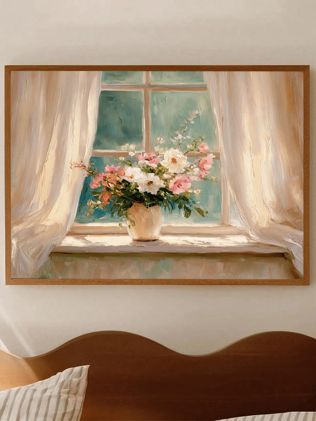 Vertical vintage rose window canvas art in a bedroom with blue shutters and cream curtains