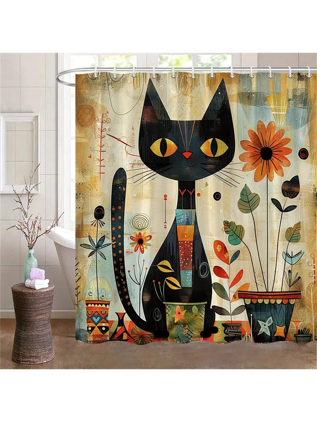 Effortlessly add whimsy and charm to your bathroom with our Vintage Rustic Black Cat & Sunflower Shower Curtain. Featuring a playful watercolor design, this curtain will transport you to a whimsical world while keeping your bathroom stylishly decorated. Don't miss out on this unique addition to your home!