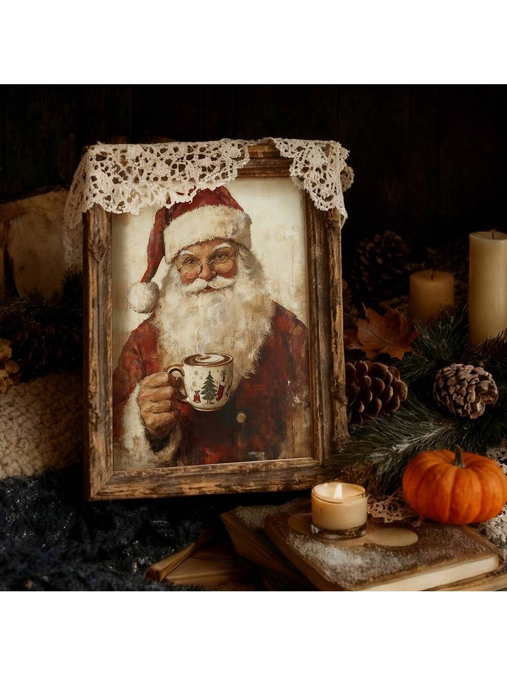 Bring a dash of holiday cheer to your cozy corner with this Vintage Santa Coffee Print. Featuring a whimsical Santa enjoying a steaming cup, it captures the nostalgic charm of a cottage Christmas. Perfect for brightening up your kitchen or living room, this playful piece adds warmth and festive spirit to your home all season long.