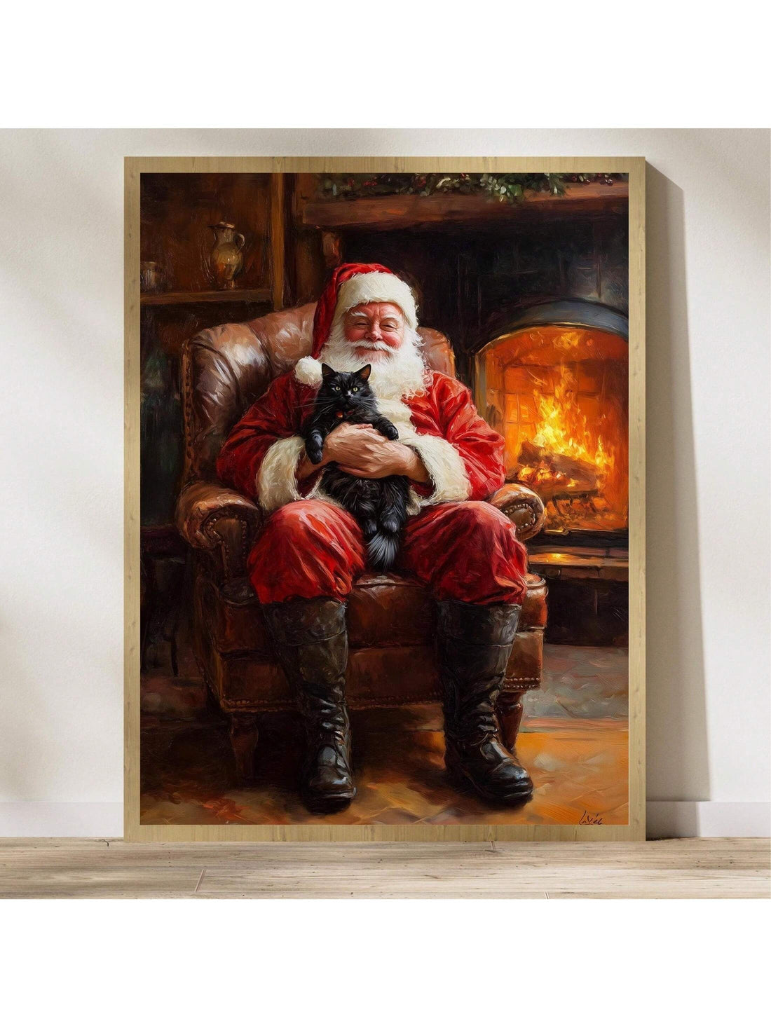 Bring a touch of whimsical holiday charm to your space with this delightful vintage-inspired canvas featuring Santa and a curious black cat. Perfect for minimalist homes that crave personality, this framed wall art captures the cozy magic of Christmas without overwhelming your décor. The playful pairing of jolly Saint Nick and his feline companion adds character and warmth to any room, making it an ideal conversation starter for the festive season. Whether you're decorating a living room, bedroom, or entryw