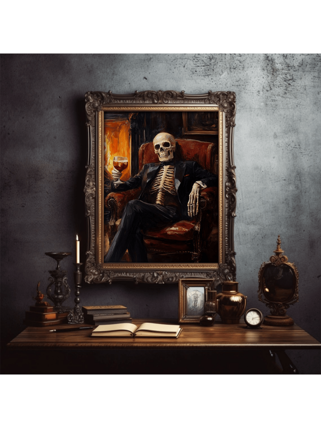 Bring spooky charm to your space with this Vintage Skeleton Bar Canvas Art. Perfect for Halloween or anytime you want to add a dash of eerie fun, it brightens up your home or office with its quirky, vintage skeleton design. Lightweight and easy to hang, this canvas makes a playful statement that’s sure to spark conversation and smiles.