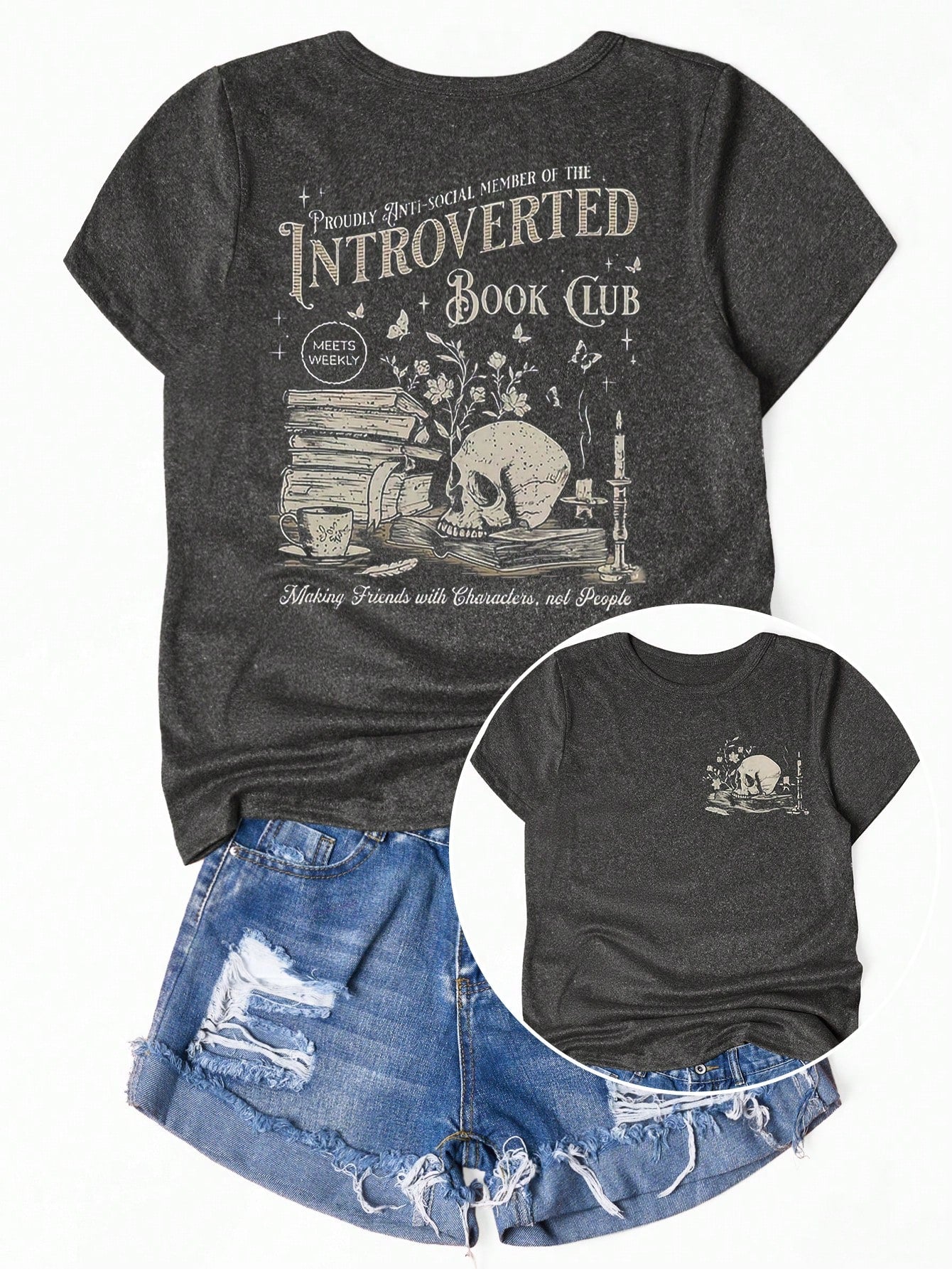Express your unique style with this Vintage Skull Book Graphic Tee! Featuring a vintage design of a skull reading a book, this tee is perfect for those who love to embrace their individuality. Stand out from the crowd and make a statement with this quirky and fun t-shirt.