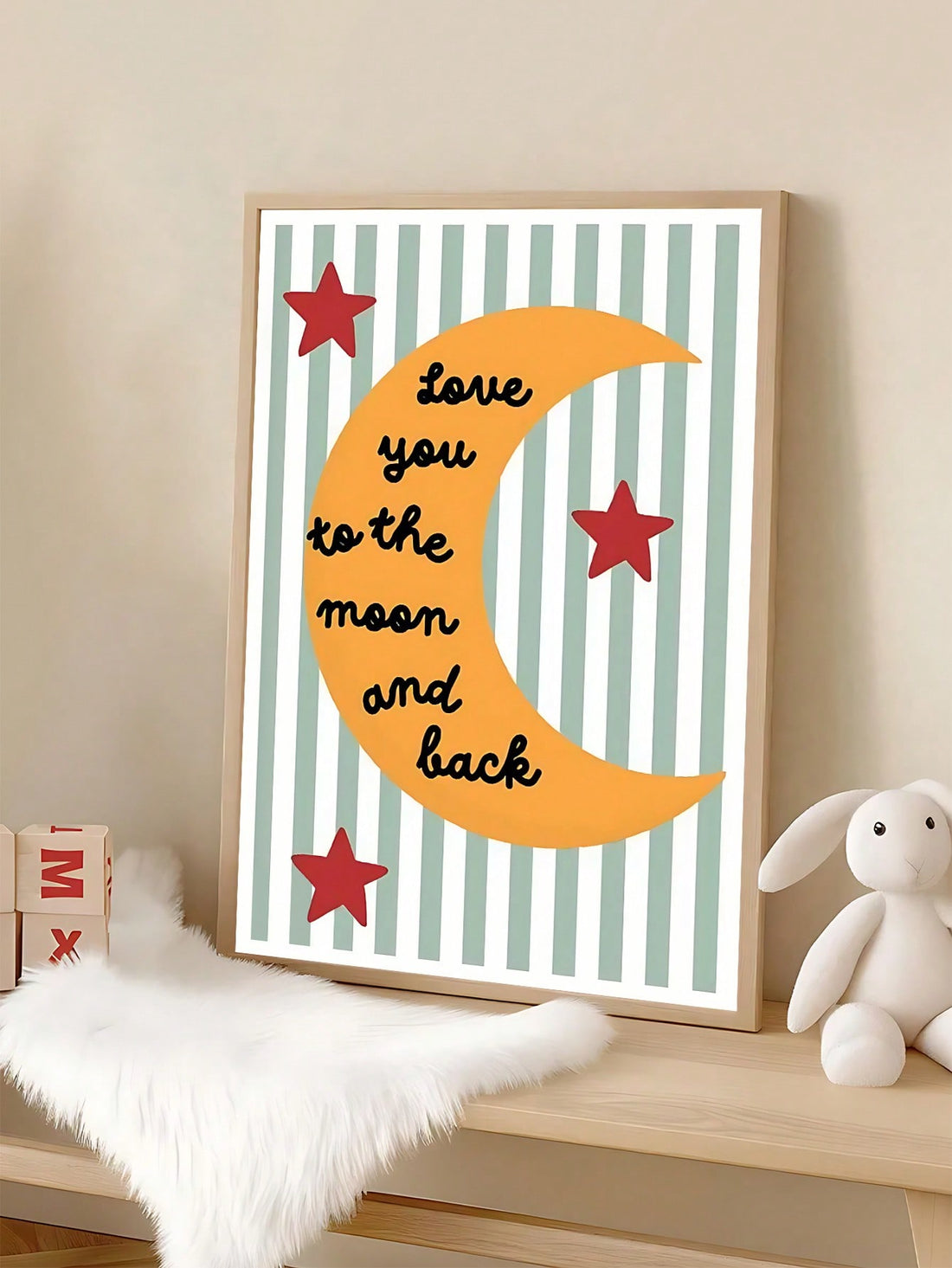 Declare your affection with this whimsical wall print featuring the timeless phrase "Love You To The Moon And Back." Adorned with vintage stripes, this charming piece brings warmth and nostalgia to any room. Perfect for nurseries, bedrooms, or shared spaces, it's an ideal gift for couples celebrating their bond or parents expressing unconditional love to their little ones. The soft, retro aesthetic complements modern and classic décor alike, making it a versatile addition to your home. Let this sweet remind