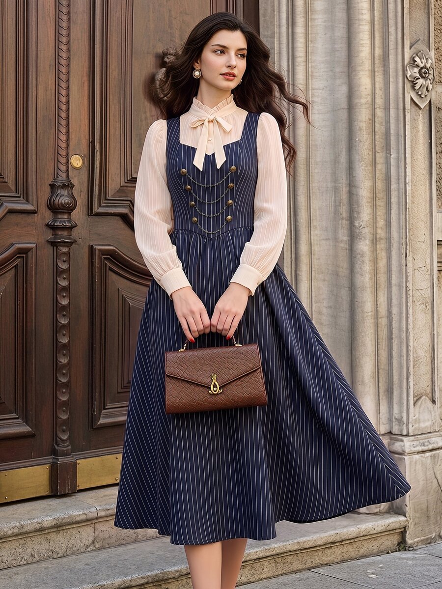 Navy pinstripe pinafore midi dress with cream bow blouse, gold buttons, and chain trim