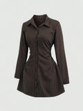 Front three-quarter view of brown pinstripe long-sleeve shirt mini dress with ruched waist
