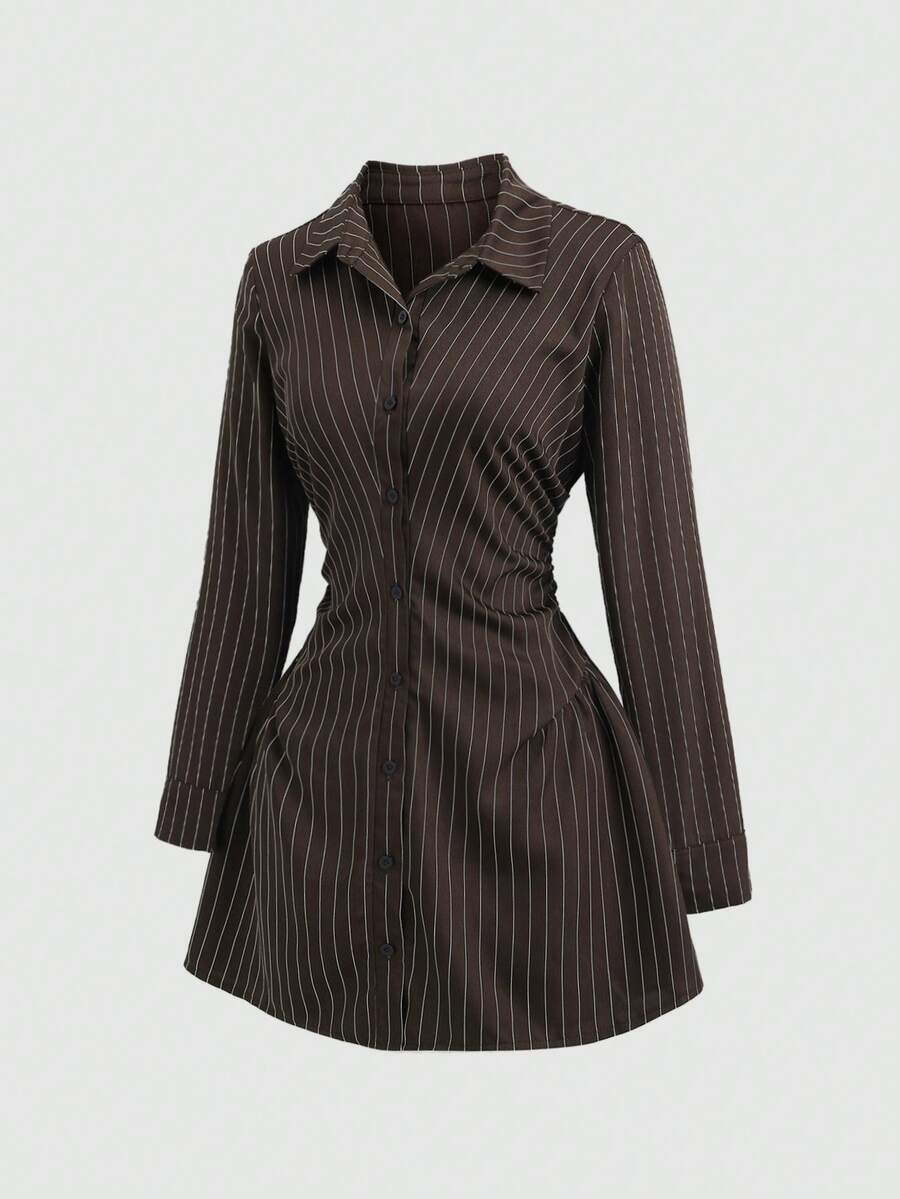 Front three-quarter view of brown pinstripe long-sleeve shirt mini dress with ruched waist