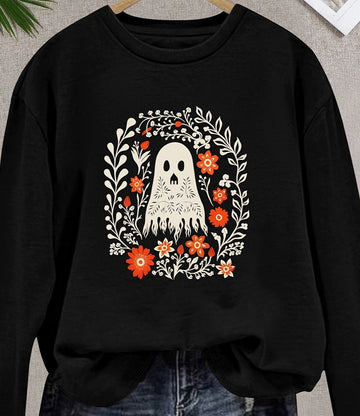 Introducing our stylish and chic Vintage Style Halloween Ghost Floral Long Sleeve T-Shirt for Women. With a vintage design and spooky floral accents, this shirt will add a touch of elegance to your Halloween look. Made with long sleeve comfort, it's perfect for any Fall occasion. Order now and stand out this Halloween.